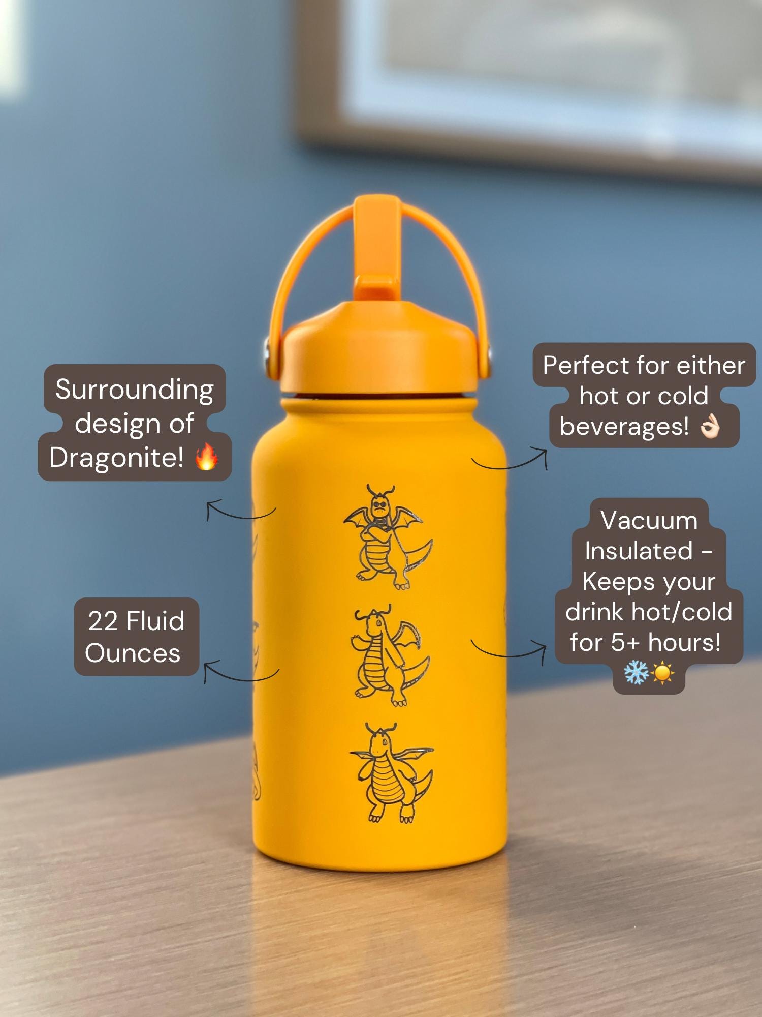 Dragonite Water Bottle with Mega Dragonite, Engraved Coffee Tumbler, Glasses & Unite Gardening Style Costume Waterbottle, Anime Fan Gift