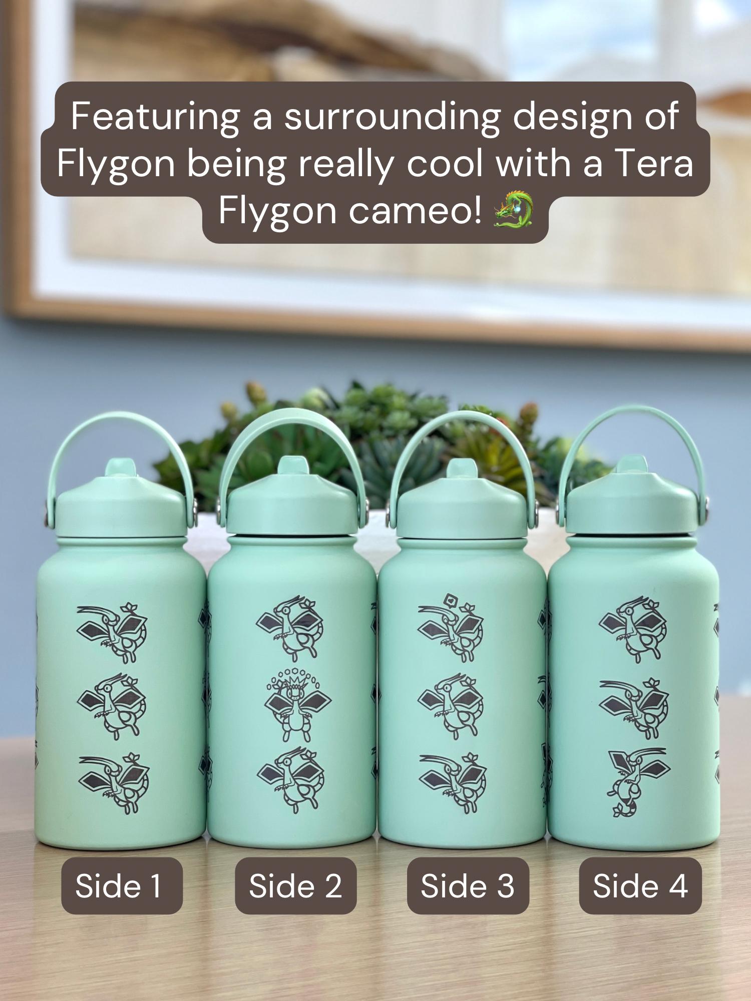 Flygon Water Bottle Engraved Coffee Tumbler with Tera Flygon Ex, Dragon Waterbottle Travel Mug Thermos Flask Gamer Birthday Gift