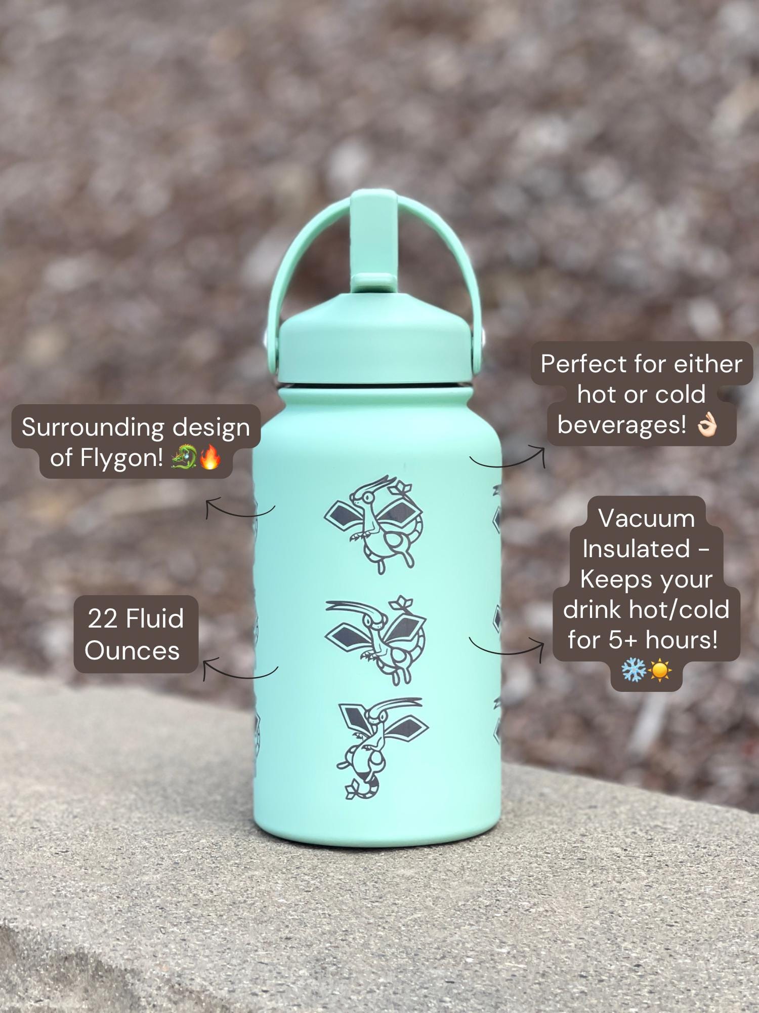 Flygon Water Bottle Engraved Coffee Tumbler with Tera Flygon Ex, Dragon Waterbottle Travel Mug Thermos Flask Gamer Birthday Gift