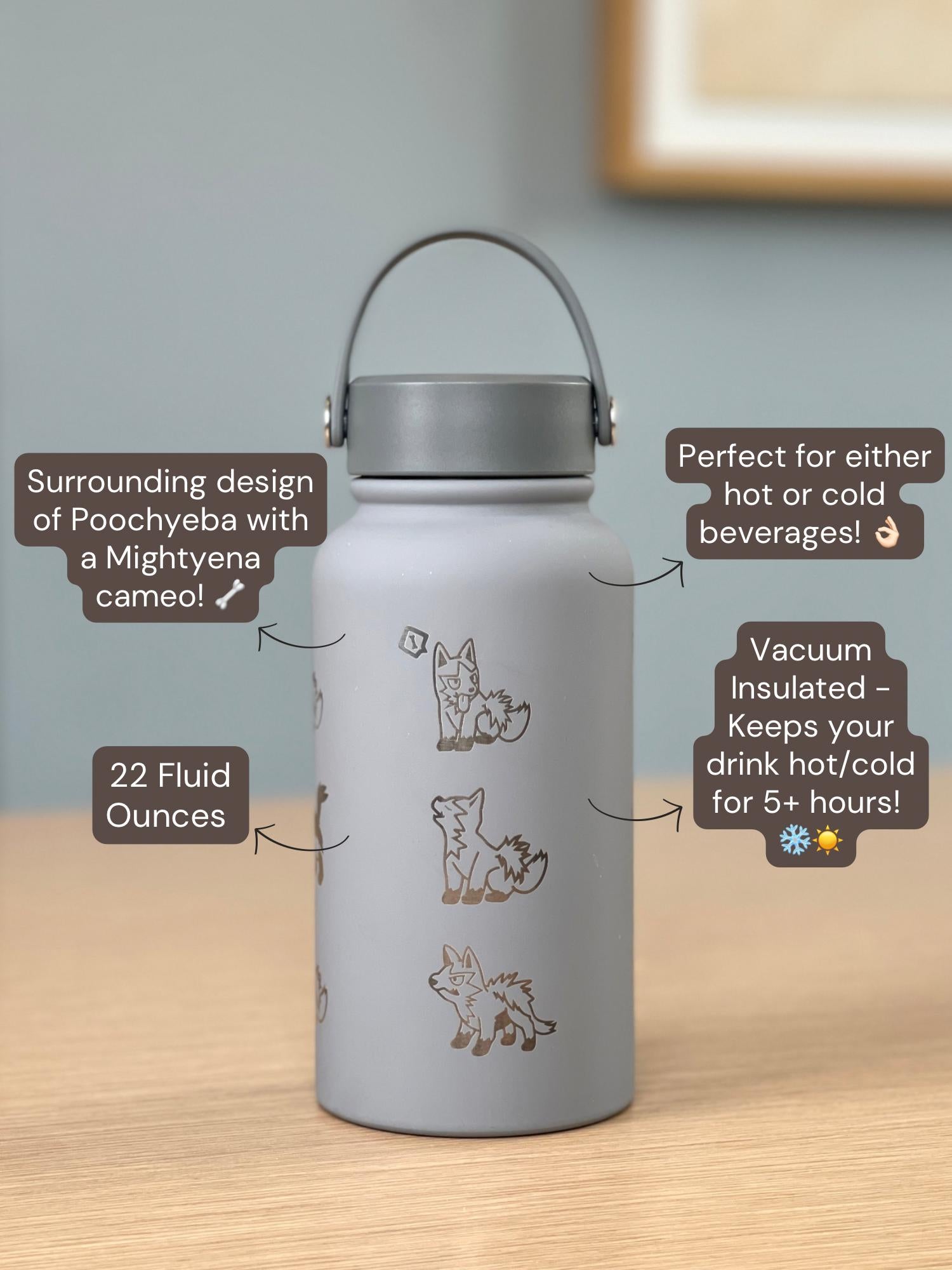 Poochyena Mightyena Water Bottle Engraved Coffee Tumbler, Cute Sleeping Poochyena Dog Waterbottle Travel Mug, Anime Hoenn Fan Birthday Gift
