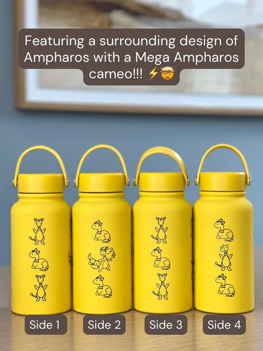 Ampharos Water Bottle Engraved Coffee Tumbler, Mega Ampharos & Scooter Hat Waterbottle Thermos Flask, Electric Johto Anime Fan Birthday Gift