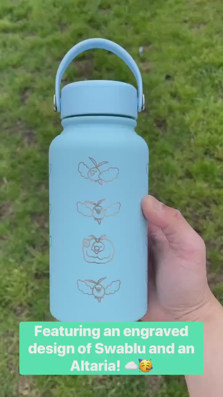 Swablu Altaria Waterbottle Engraved Coffee Tumbler with Sleeping Swablu, Flask Tea Travel Mug Cup Water Bottle, Hoenn Birthday Gamer Gift