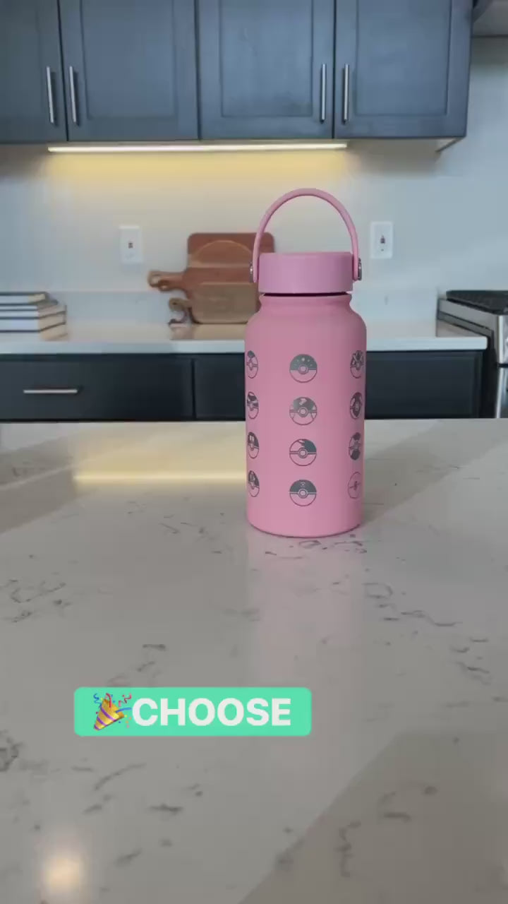 24 Classic Pokeballs Water Bottle Engraved Tumbler, Gamer Anime Fan Coffee Tea Travel Mug, Waterbottle Thermos Drink Birthday Gift
