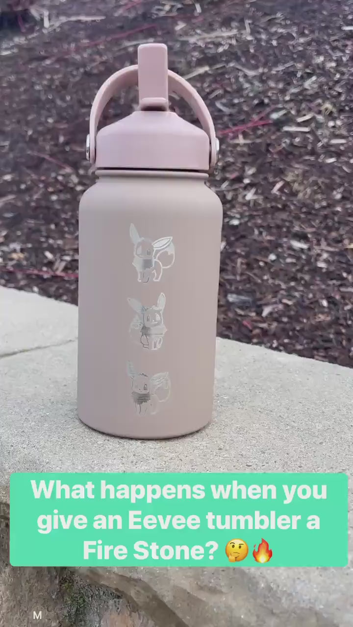 Flareon Water Bottle Engraved Coffee Tumbler with Cafe Top Hat and Flamethrower, Eevee Fire Evolution Waterbottle, Anime Fan Birthday Gift