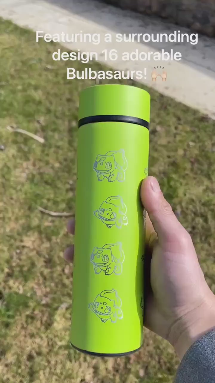 Bulbasaur Coffee Tumbler with Tea Infuser, Kanto Grass Starter Travel Cup Mug, Anime Gamer Fan Birthday Water Bottle Gift